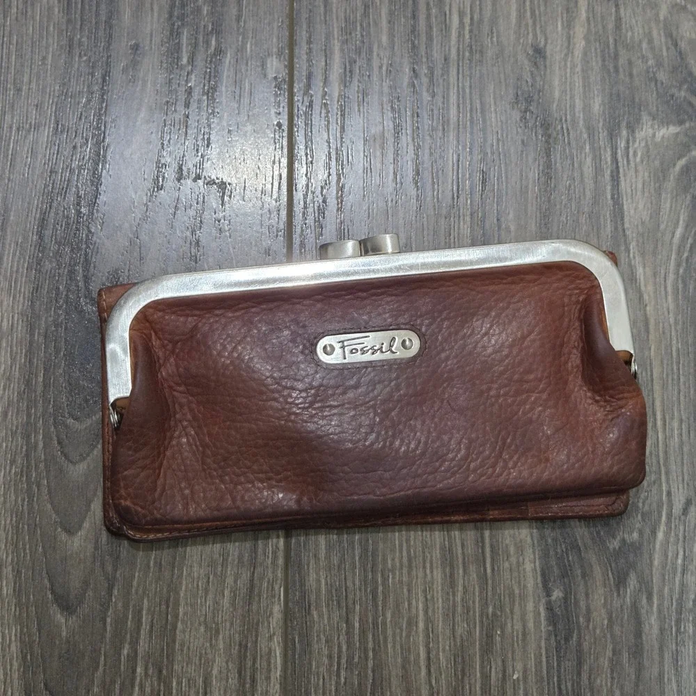 Fossil Kisslock Leather Clutch Wallet Brown Coin Pouch Card Holder Vintage